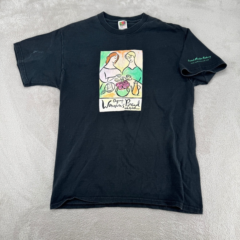 Vintage 90s French Meadow Bakery & Cafe Organic Womans Bread Shirt Mens L Black